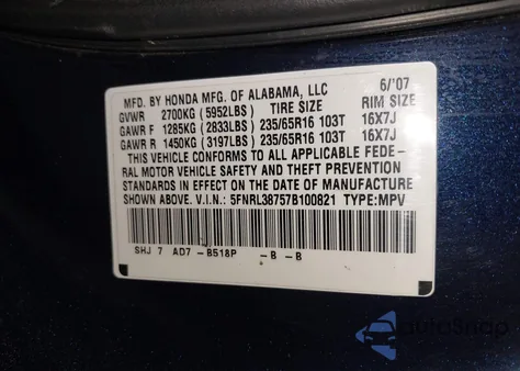 2007 Honda Odyssey Ex-L from USA, damaged, VIN 5FNRL38757B100821